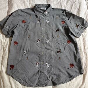 Vintage Women’s Teddi Embroidered Dog Pattern Short Sleeve Button Down Shirt